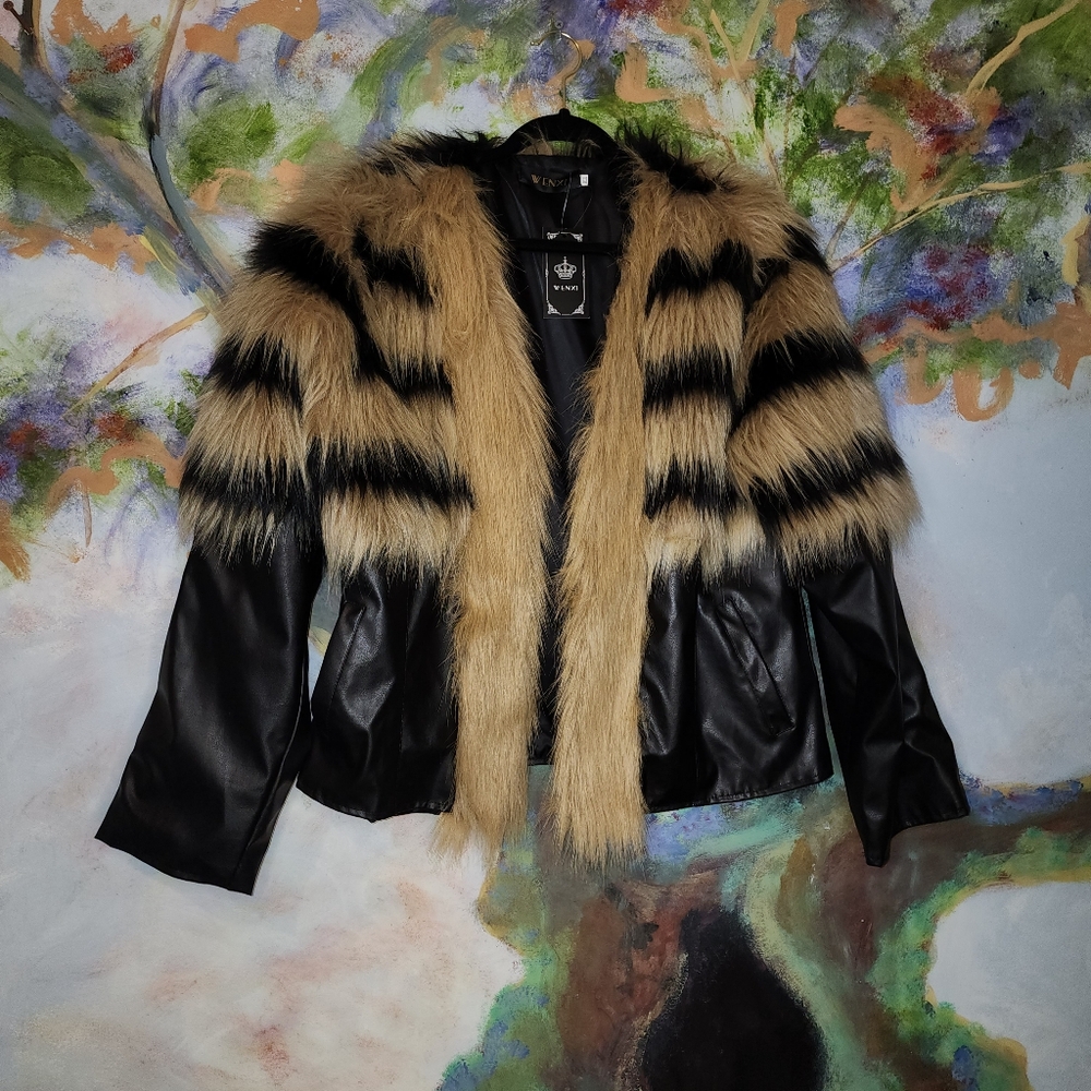 Wenxi XXXL Faux Fur and Leather Striped Jacket with Hidden Hook and Eye Closure - Picture 2 of 6